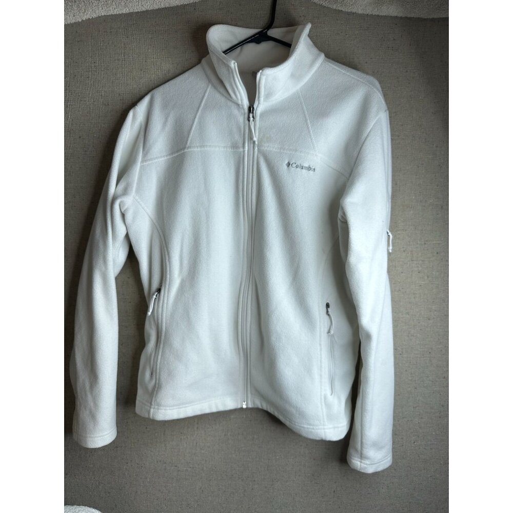 Columbia Women's XL White Fleece Jacket With Zippered Pockets High Collar Sporty